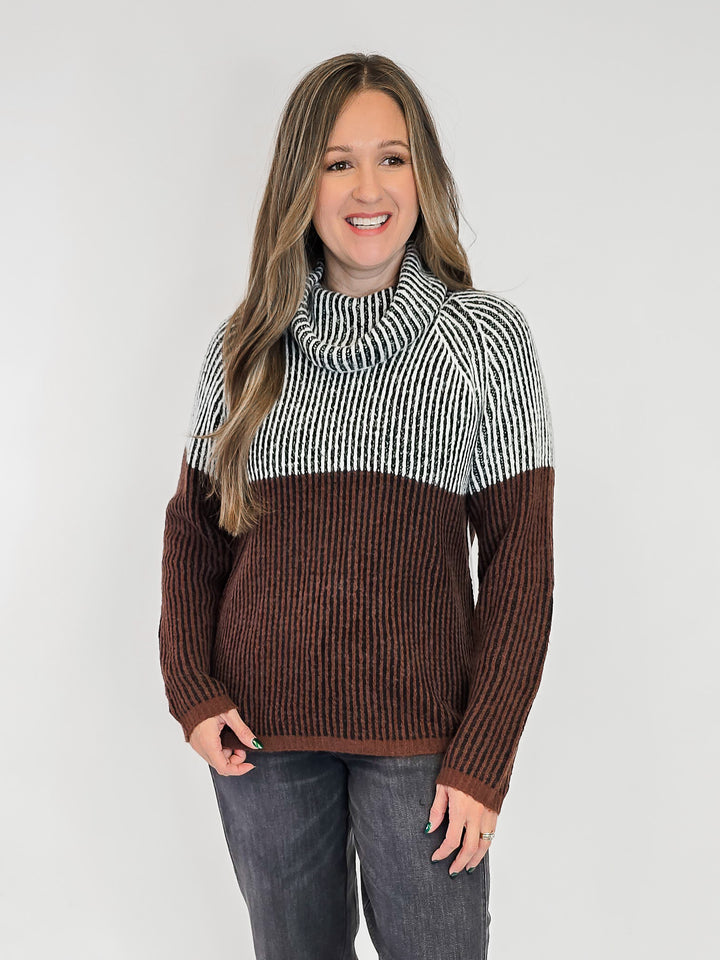 STRIPED COWL NECK KNIT SWEATER - BLACK/BROWN