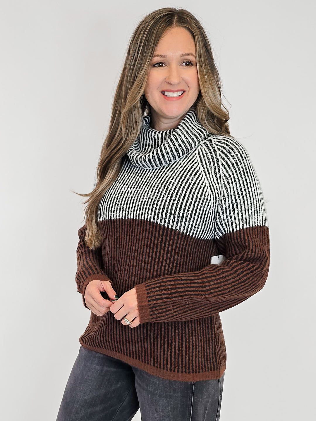 STRIPED COWL NECK KNIT SWEATER - BLACK/BROWN