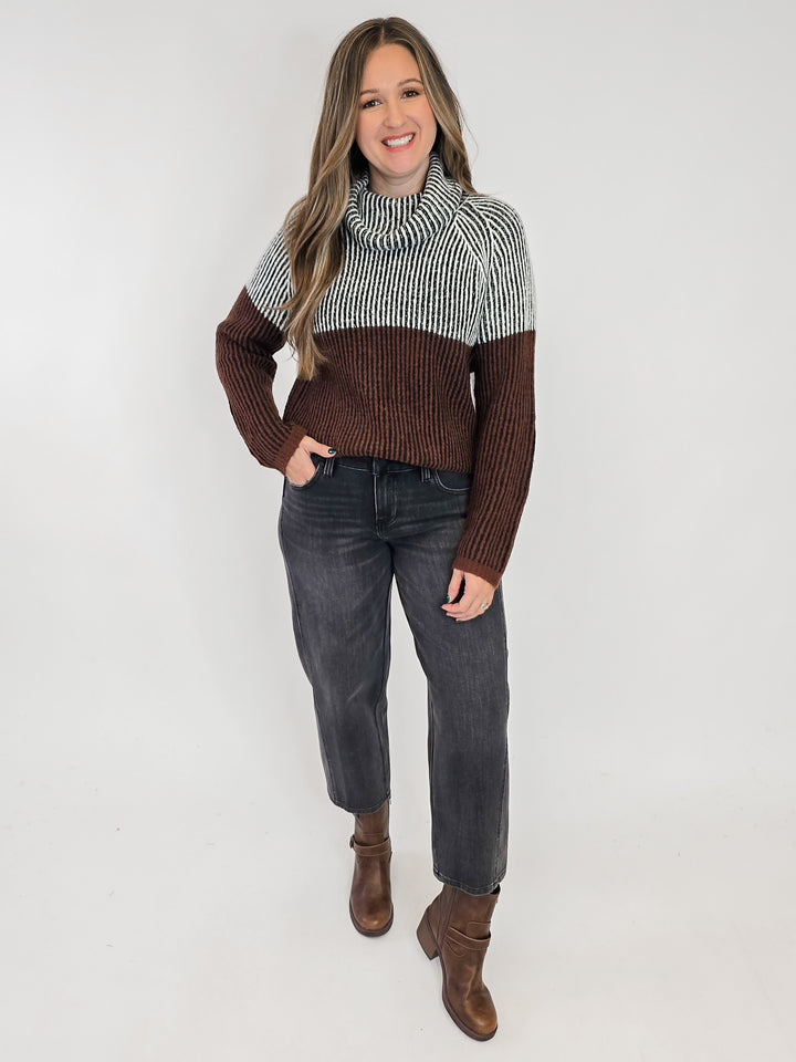STRIPED COWL NECK KNIT SWEATER - BLACK/BROWN
