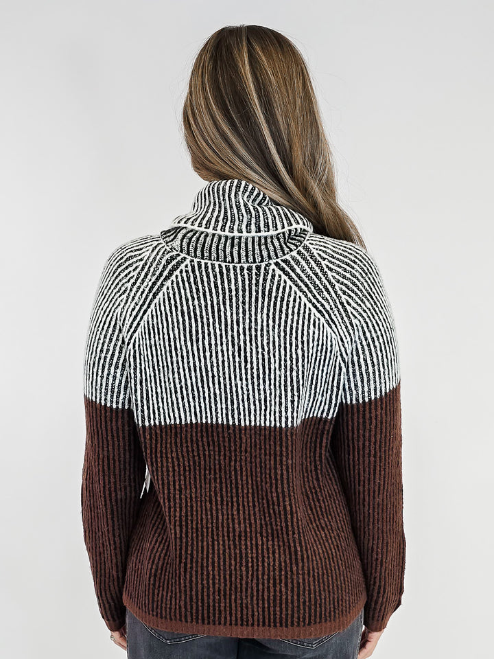 STRIPED COWL NECK KNIT SWEATER - BLACK/BROWN