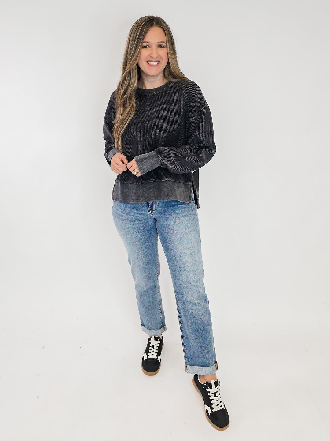 CORDED CROPPED SIDE SLIT CREW NECK PULLOVER - WASHED BLACK