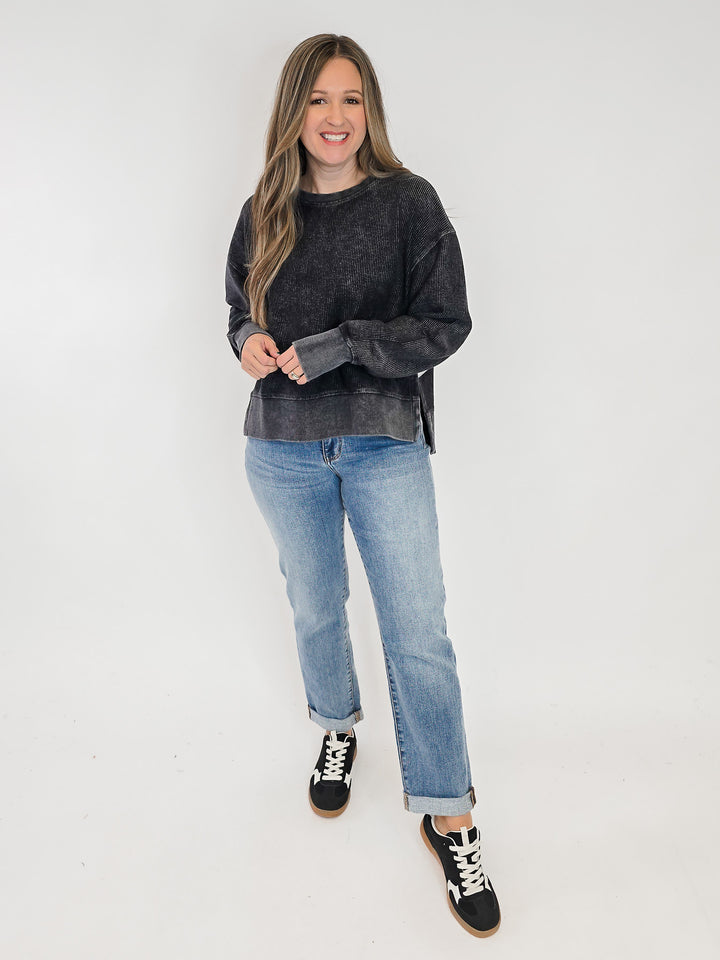 CORDED CROPPED SIDE SLIT CREW NECK PULLOVER - WASHED BLACK