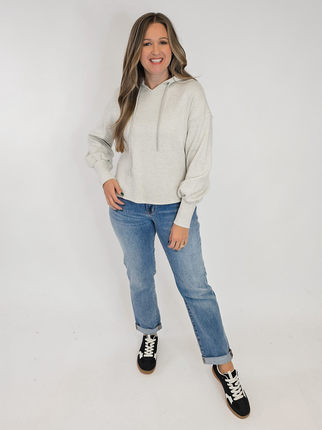 SPARKLE JERSEY KNIT HOODED TOP - BEIGE