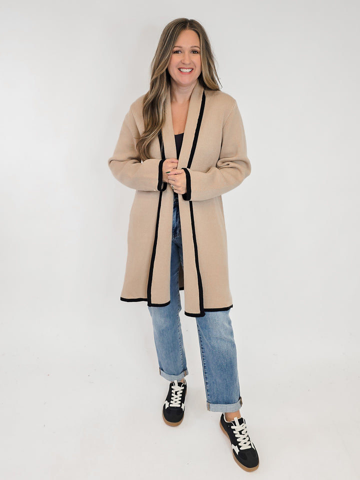 HEAVY KNIT CARDIGAN W/BLACK HEM STRIPE - TAUPE