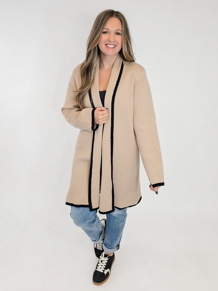 HEAVY KNIT CARDIGAN W/BLACK HEM STRIPE - TAUPE