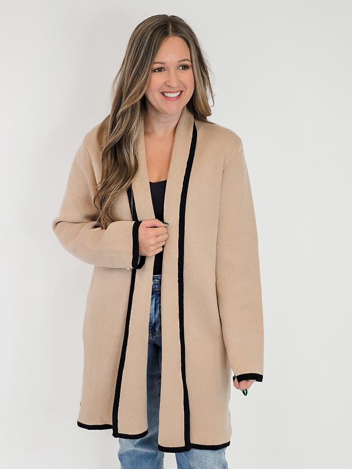 HEAVY KNIT CARDIGAN W/BLACK HEM STRIPE - TAUPE