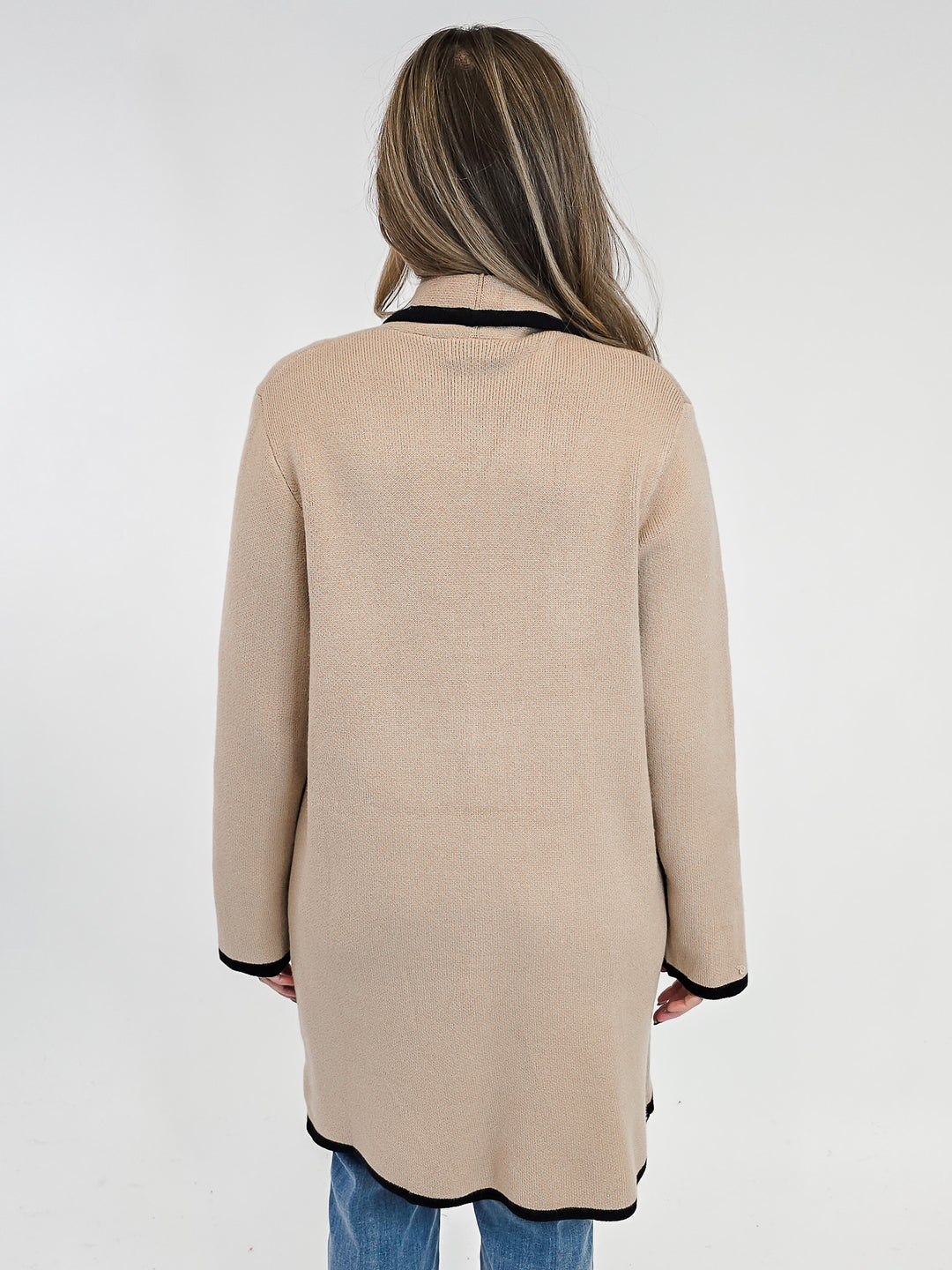 HEAVY KNIT CARDIGAN W/BLACK HEM STRIPE - TAUPE