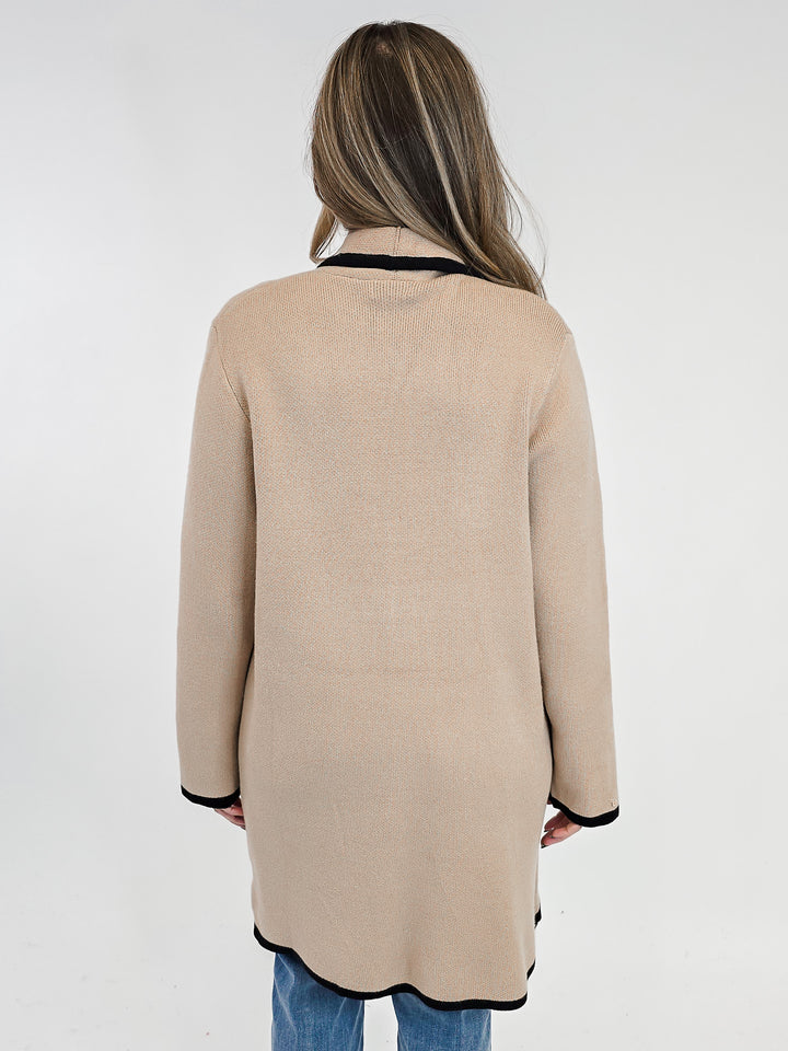 HEAVY KNIT CARDIGAN W/BLACK HEM STRIPE - TAUPE