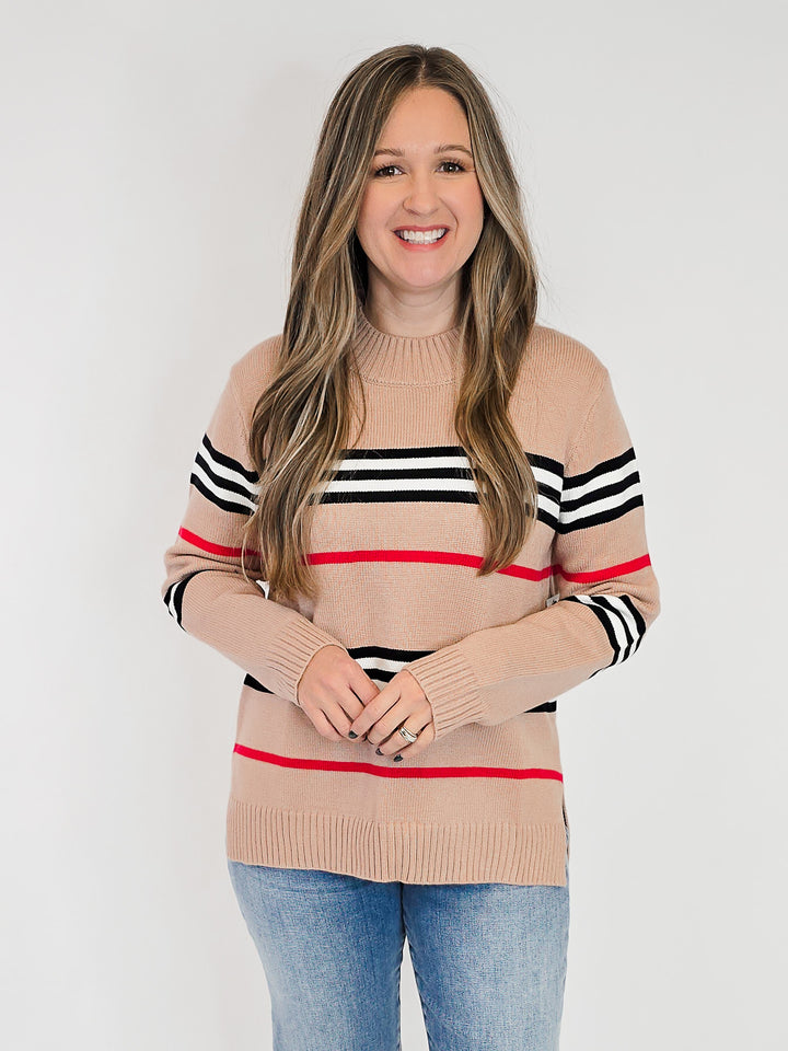 CREW NECK STRIPED KNIT SWEATER - MOCHA