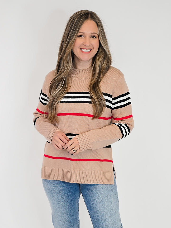 CREW NECK STRIPED KNIT SWEATER - MOCHA