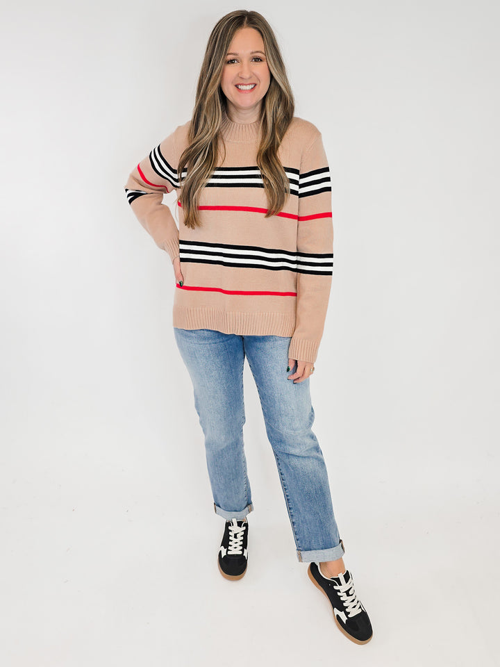 CREW NECK STRIPED KNIT SWEATER - MOCHA