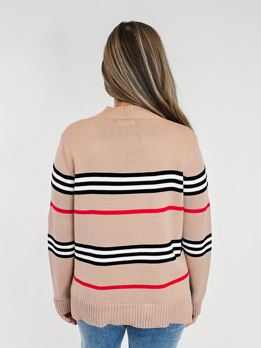 CREW NECK STRIPED KNIT SWEATER - MOCHA