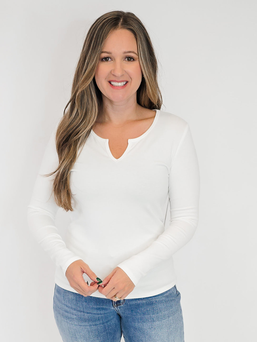 ULTRA SOFT NOTCHED NECK LONG SLEEVE TEE - IVORY