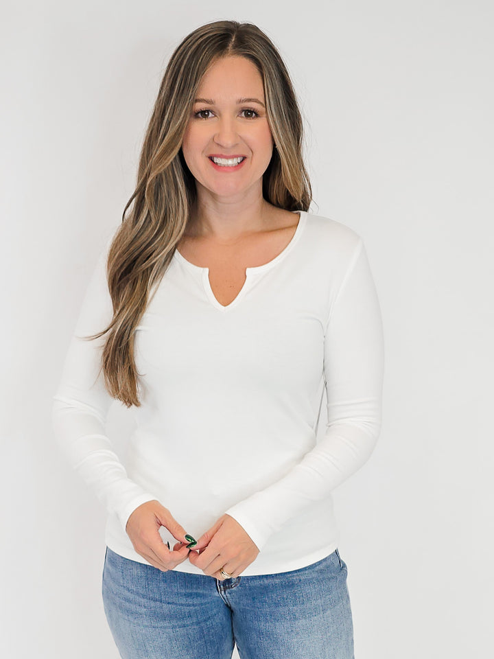 ULTRA SOFT NOTCHED NECK LONG SLEEVE TEE - IVORY