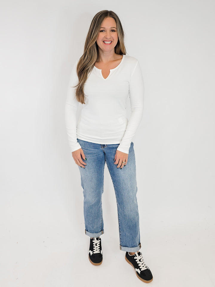 ULTRA SOFT NOTCHED NECK LONG SLEEVE TEE - IVORY