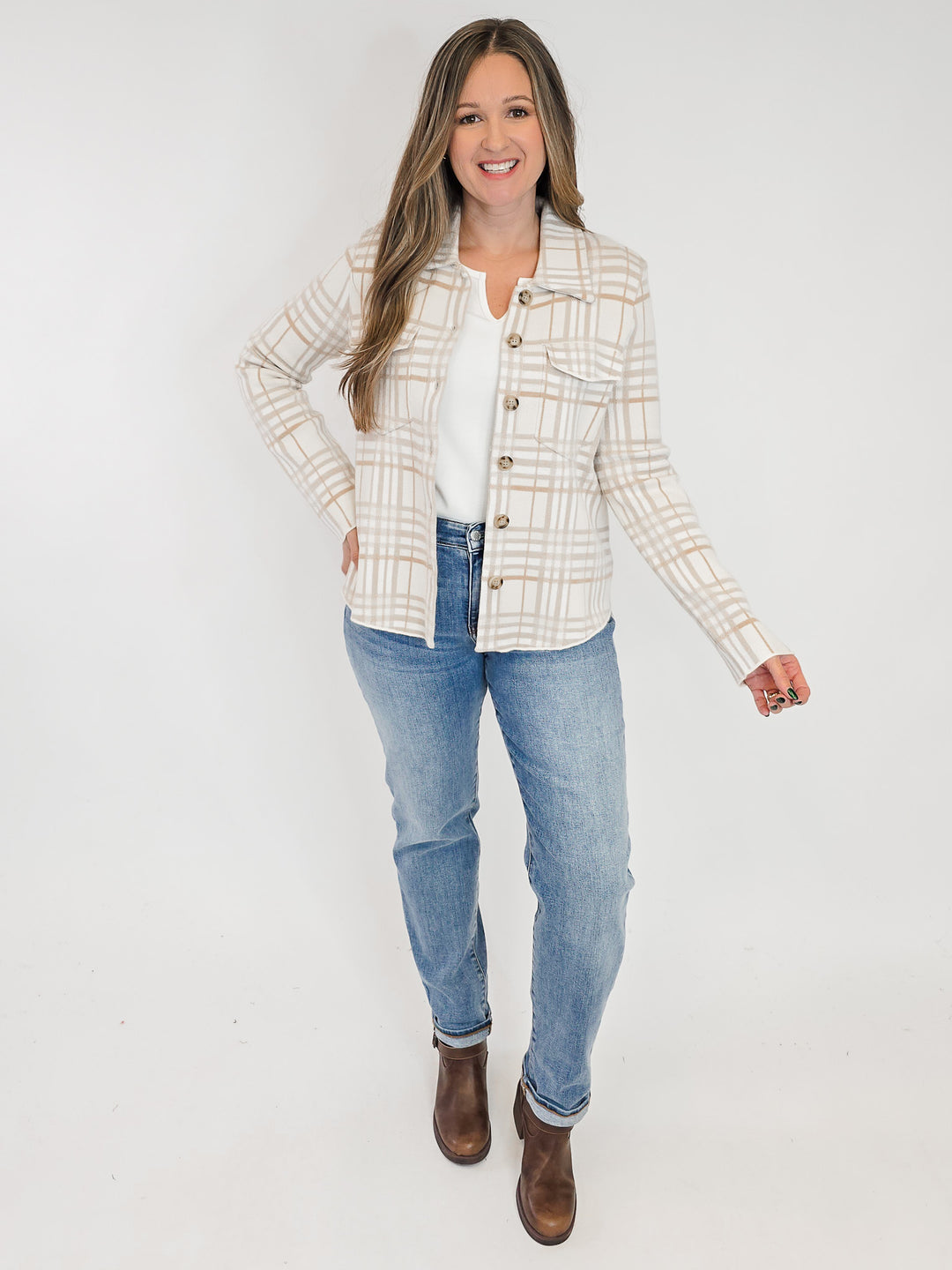 CHECK PATTERNED BUTTON DOWN SHACKET - OATMEAL MIX