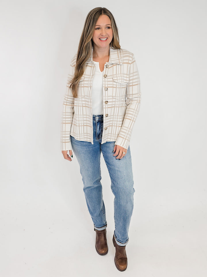 CHECK PATTERNED BUTTON DOWN SHACKET - OATMEAL MIX
