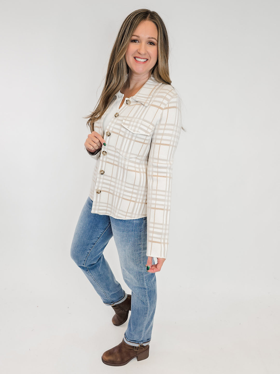 CHECK PATTERNED BUTTON DOWN SHACKET - OATMEAL MIX