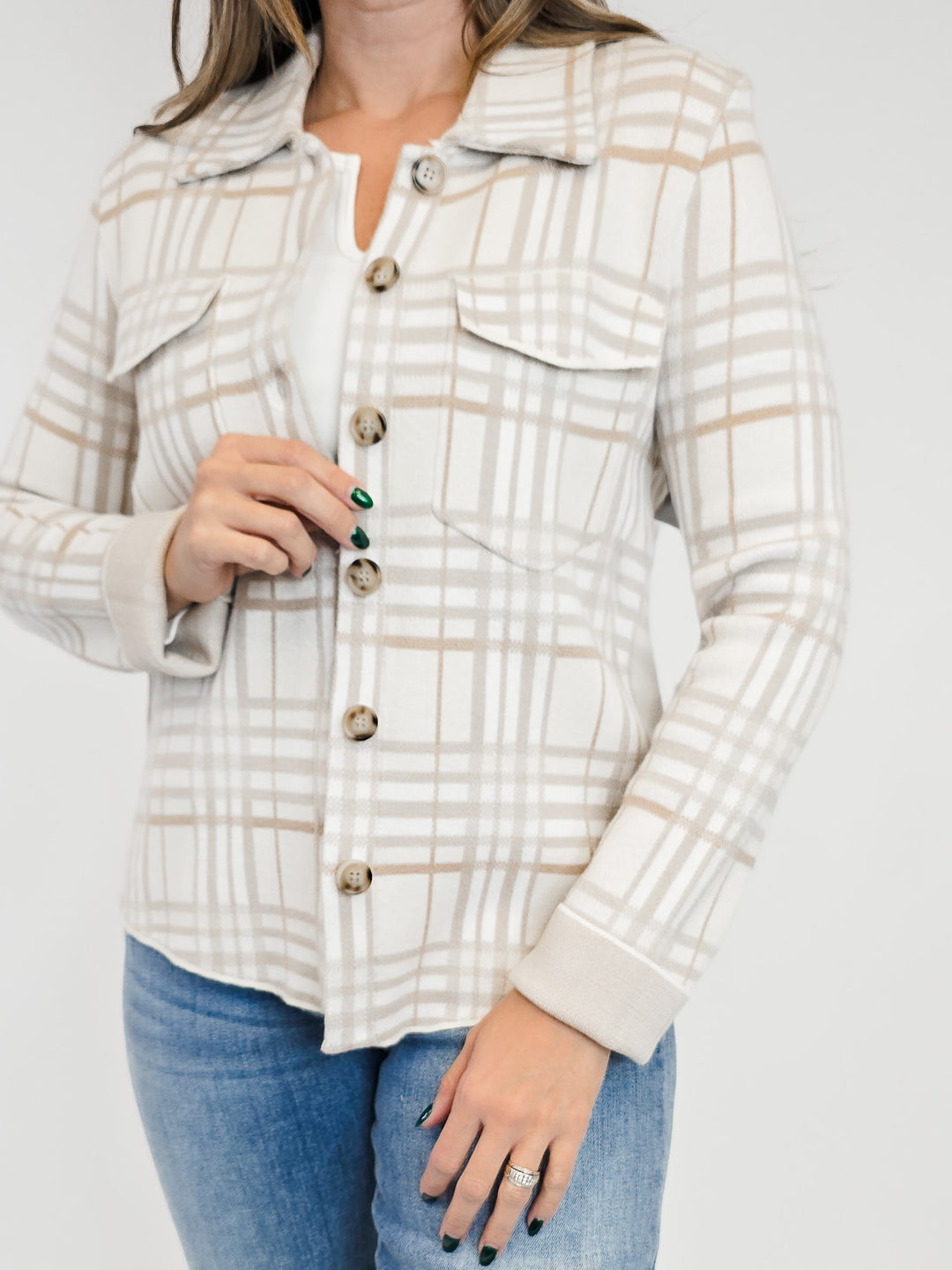 CHECK PATTERNED BUTTON DOWN SHACKET - OATMEAL MIX