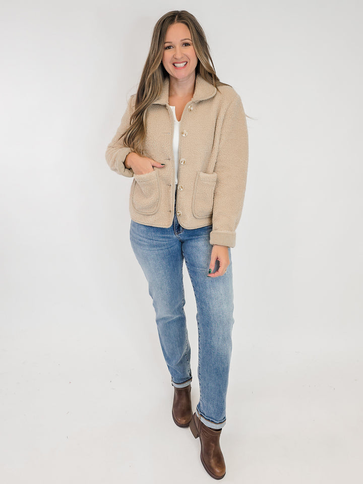 FLEECE SHERPA BUTTON UP JACKET - TAN