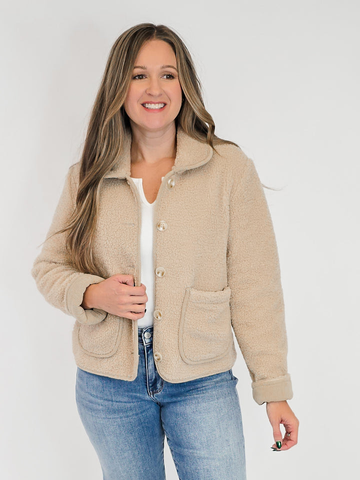 FLEECE SHERPA BUTTON UP JACKET - TAN