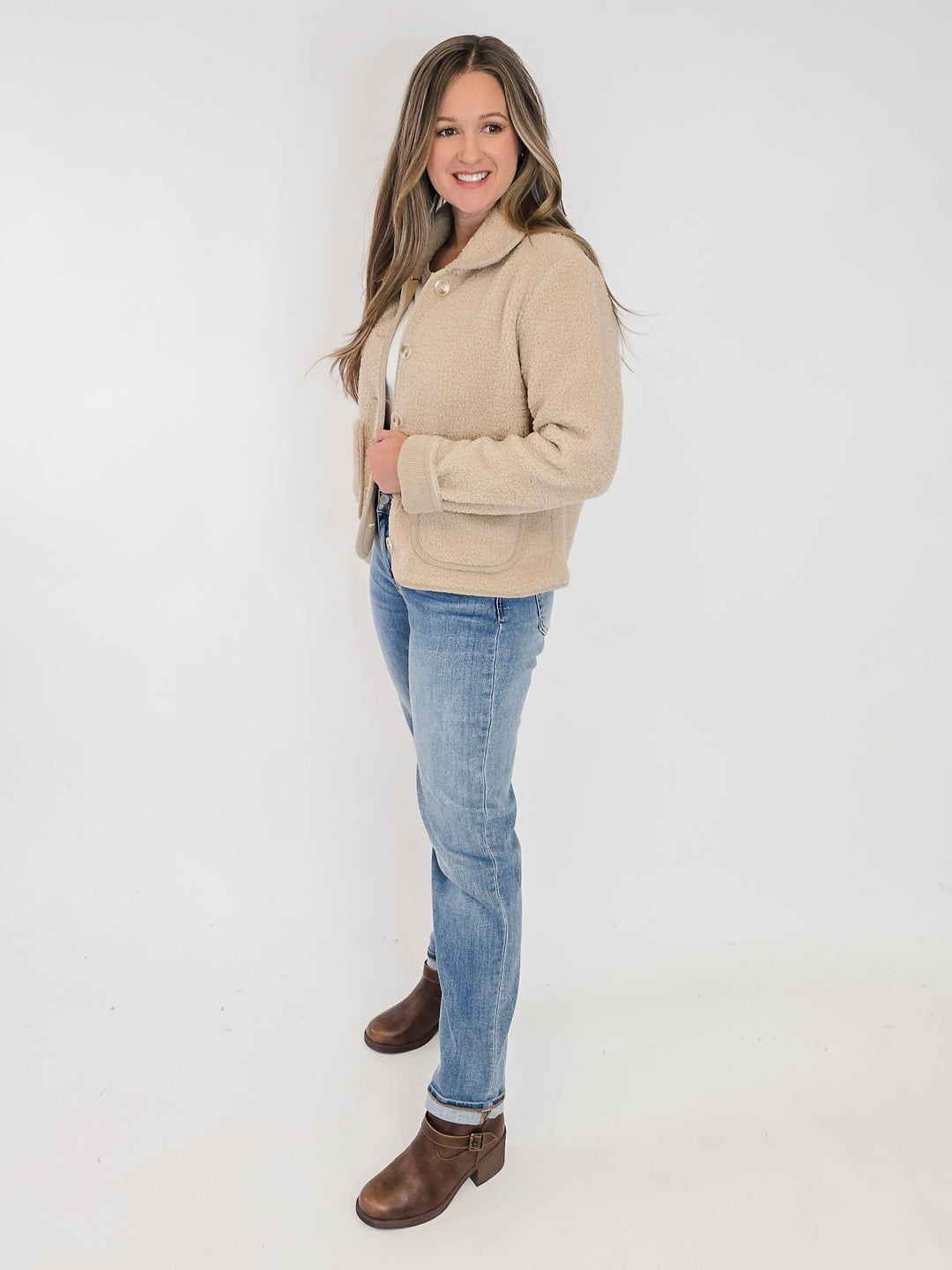 FLEECE SHERPA BUTTON UP JACKET - TAN