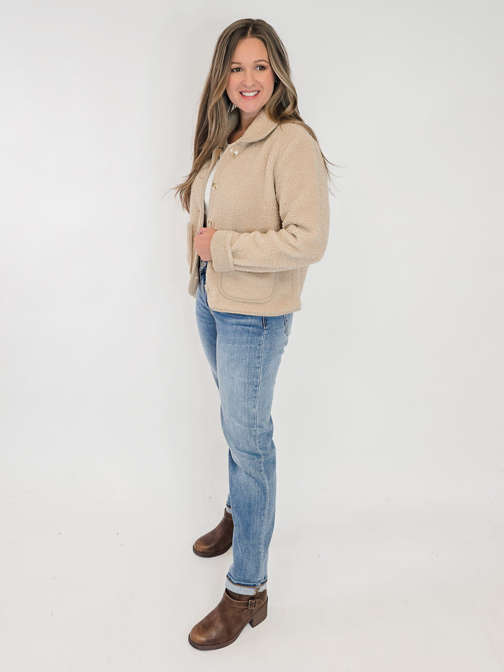 FLEECE SHERPA BUTTON UP JACKET - TAN