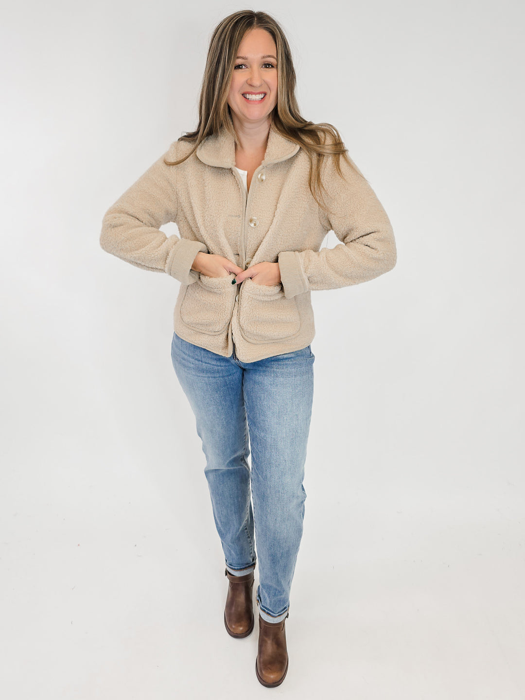 FLEECE SHERPA BUTTON UP JACKET - TAN