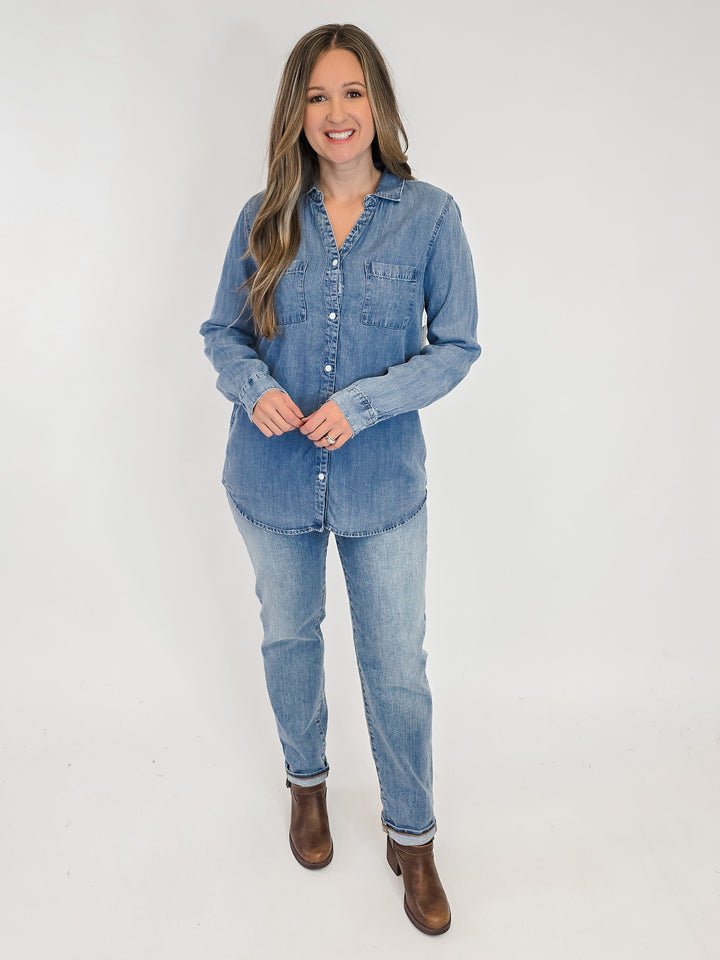 COLLARED BUTTON UP GINGER TOP - DARK INDIGO