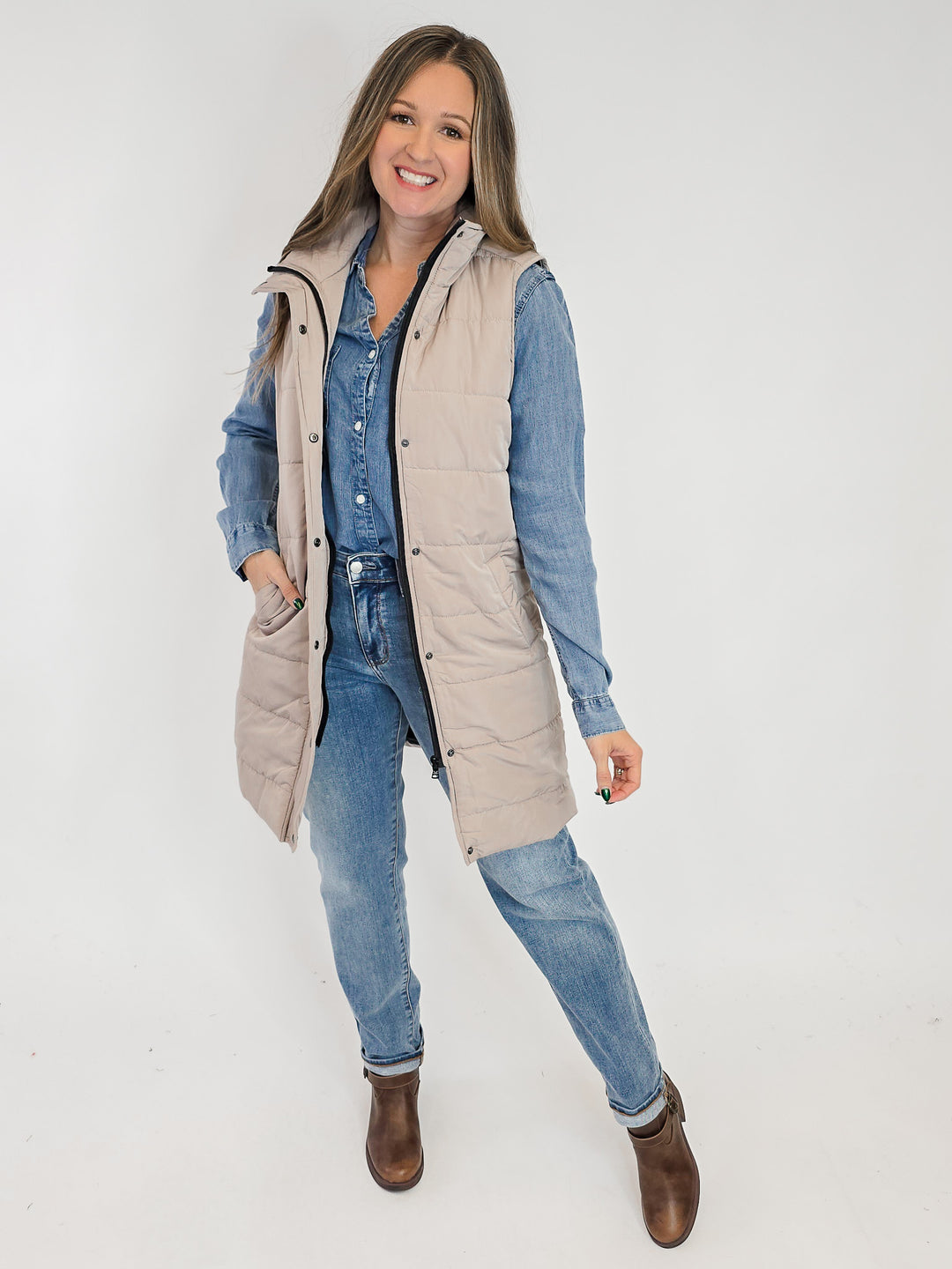 HARLOW LONG VEST - LATTE