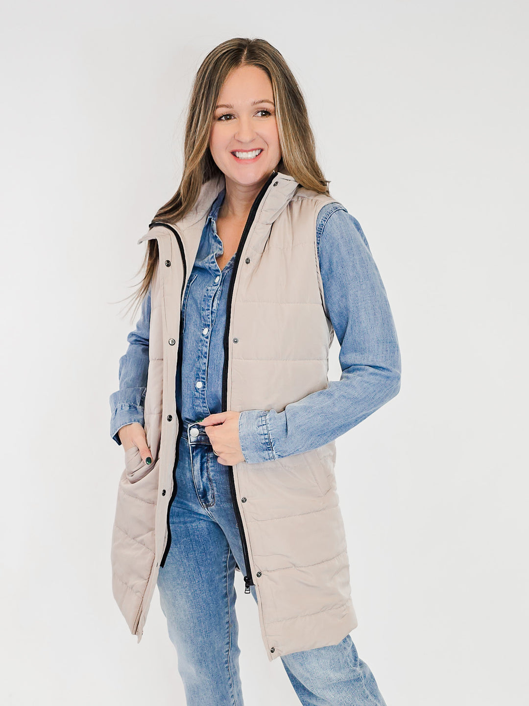 HARLOW LONG VEST - LATTE