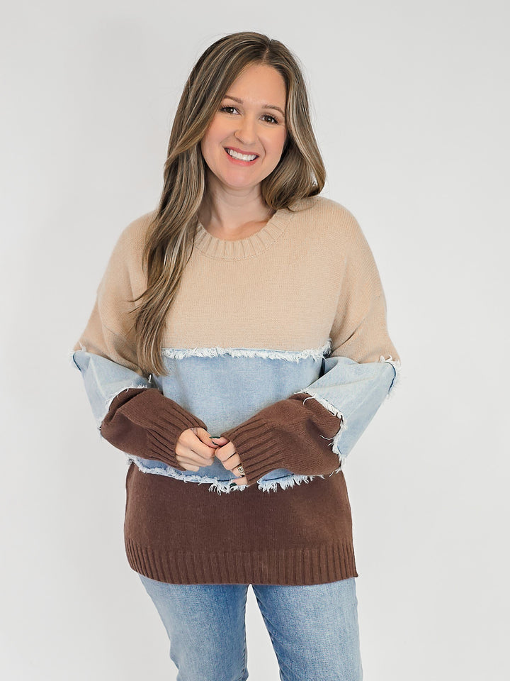 COLOR BLOCKED DENIM MIX SWEATER - KHAKI BROWN