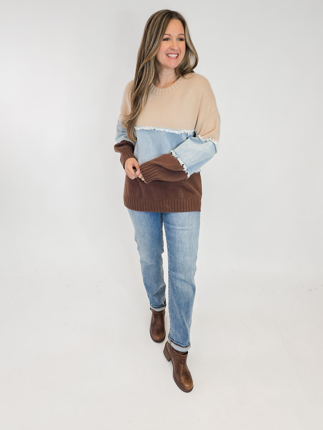 COLOR BLOCKED DENIM MIX SWEATER - KHAKI BROWN