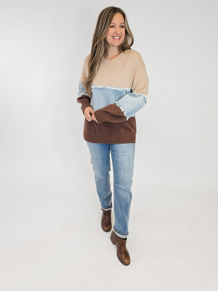 COLOR BLOCKED DENIM MIX SWEATER - KHAKI BROWN