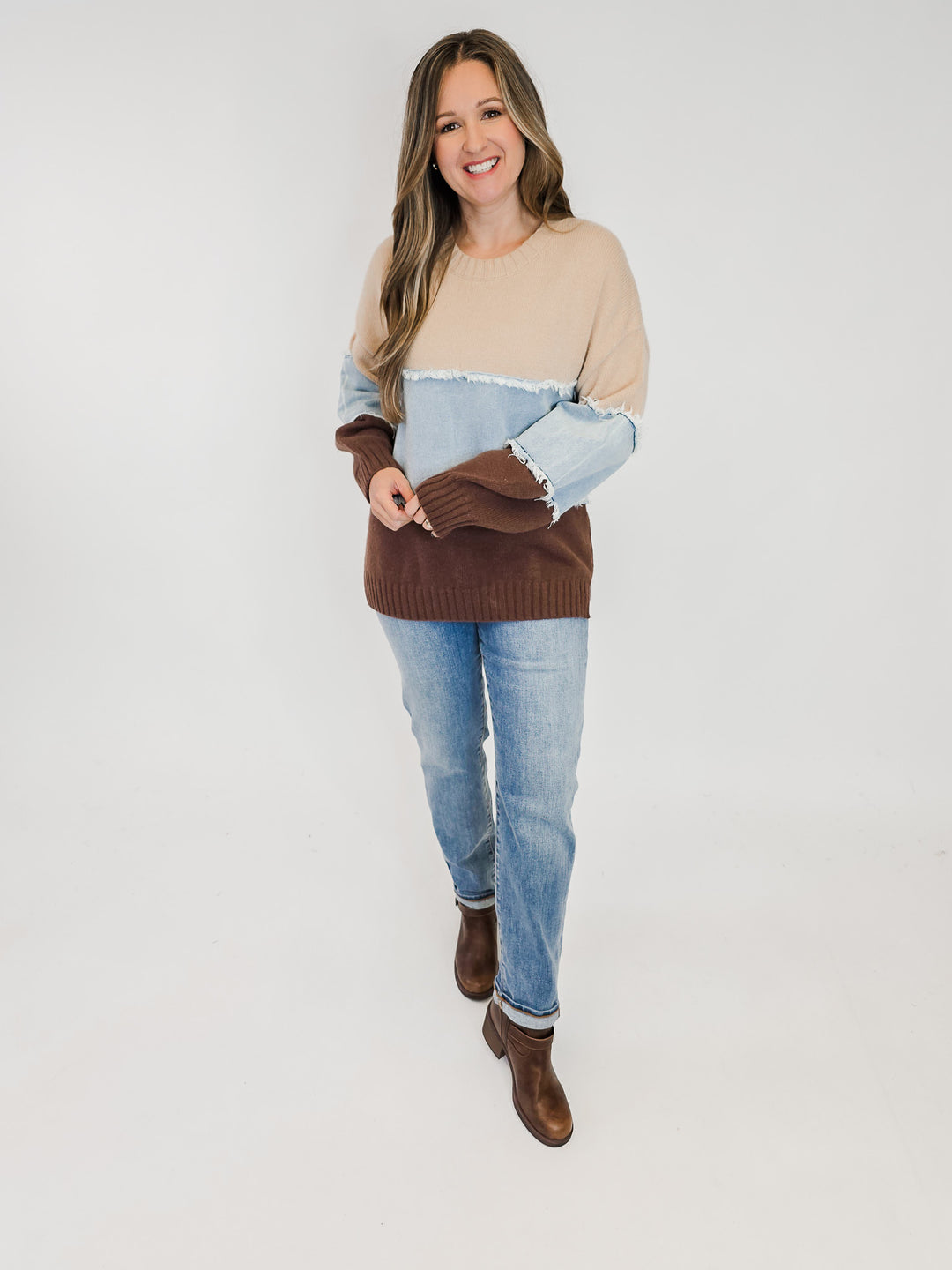 COLOR BLOCKED DENIM MIX SWEATER - KHAKI BROWN