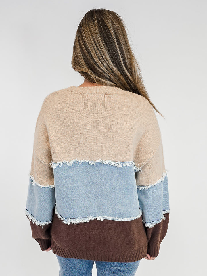 COLOR BLOCKED DENIM MIX SWEATER - KHAKI BROWN