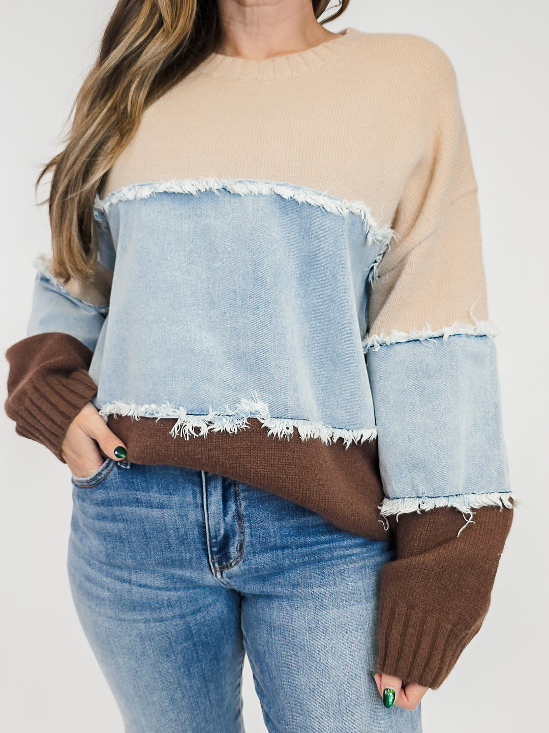 COLOR BLOCKED DENIM MIX SWEATER - KHAKI BROWN