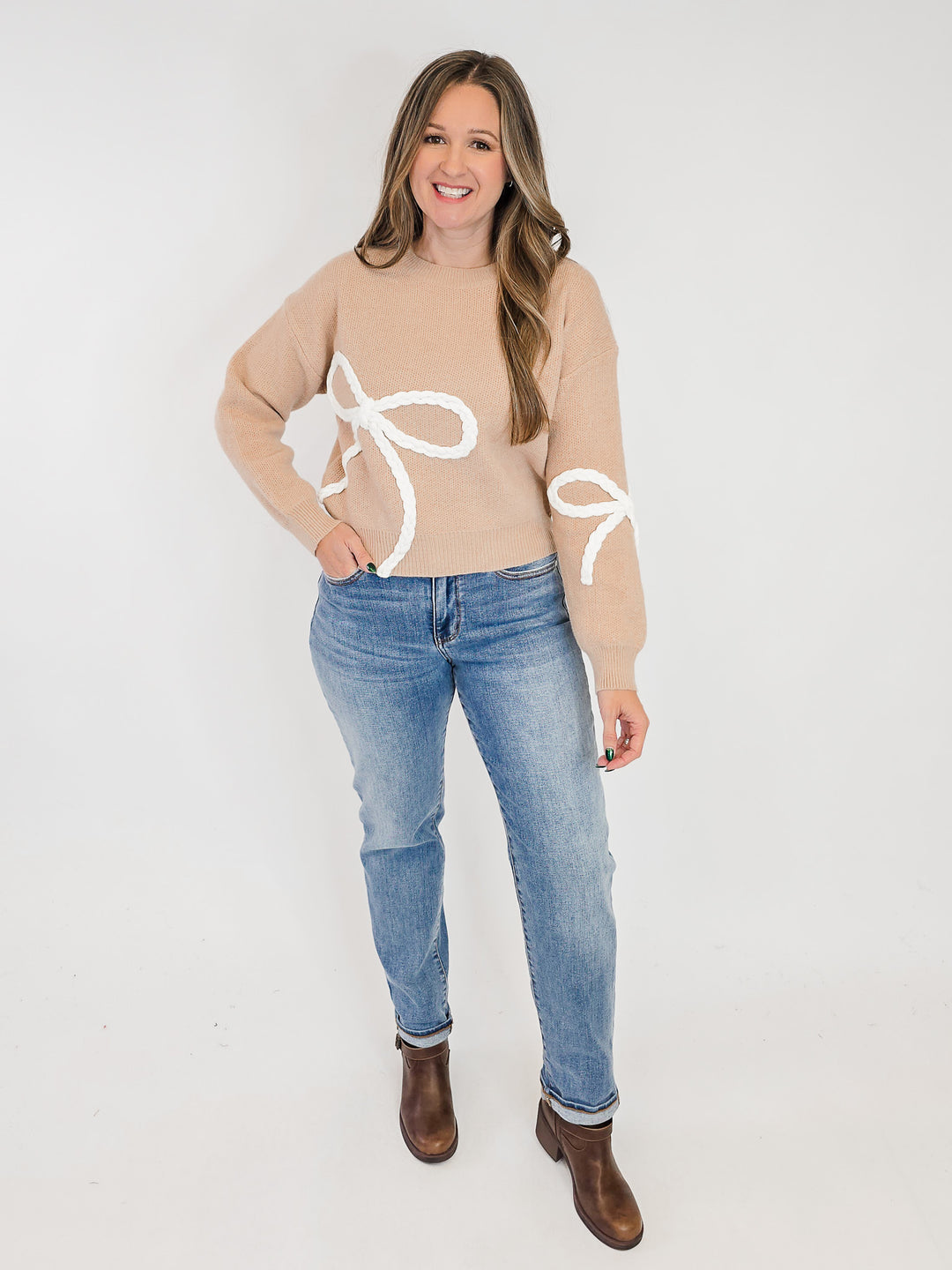 LONG SLEEVE BRAIDED BOW SWEATER - TAUPE
