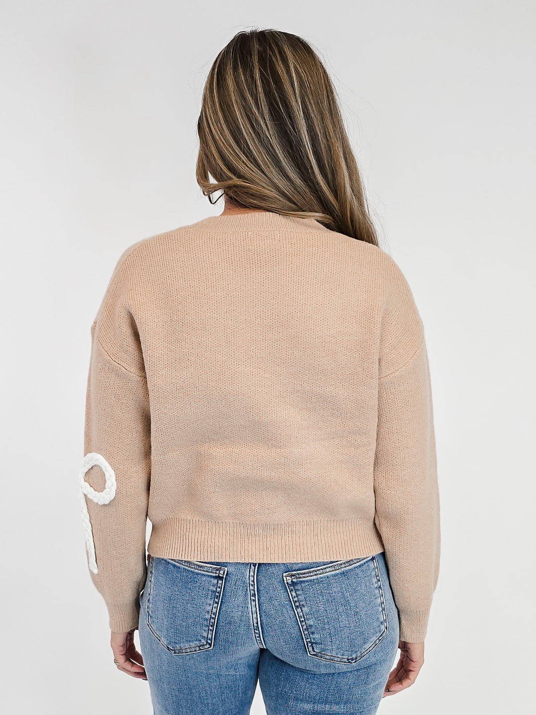 LONG SLEEVE BRAIDED BOW SWEATER - TAUPE