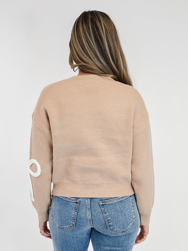 LONG SLEEVE BRAIDED BOW SWEATER - TAUPE