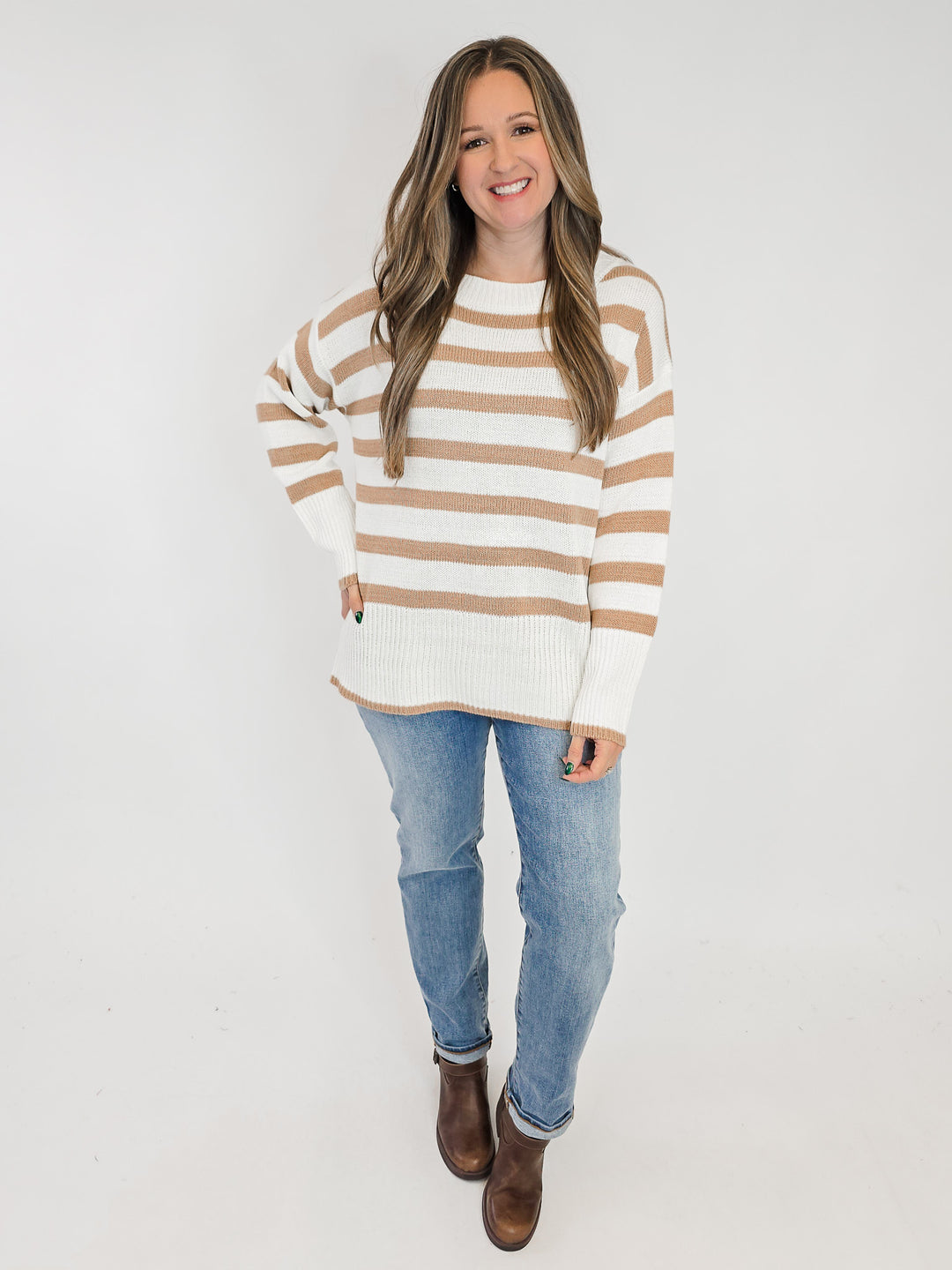 STRIPED TUNIC KNIT SWEATER - TAN/IVORY