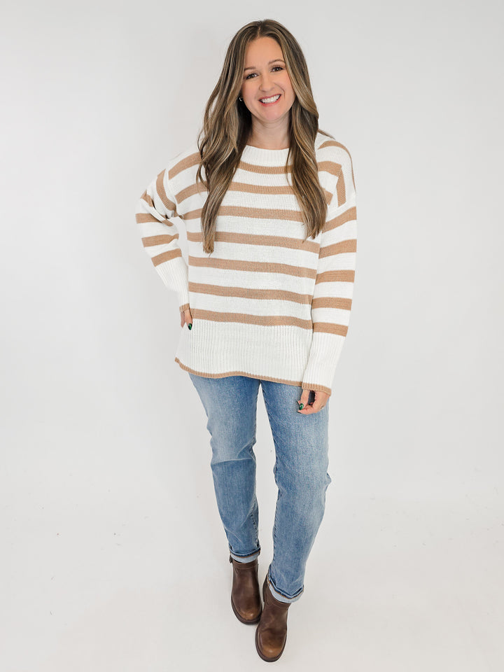 STRIPED TUNIC KNIT SWEATER - TAN/IVORY