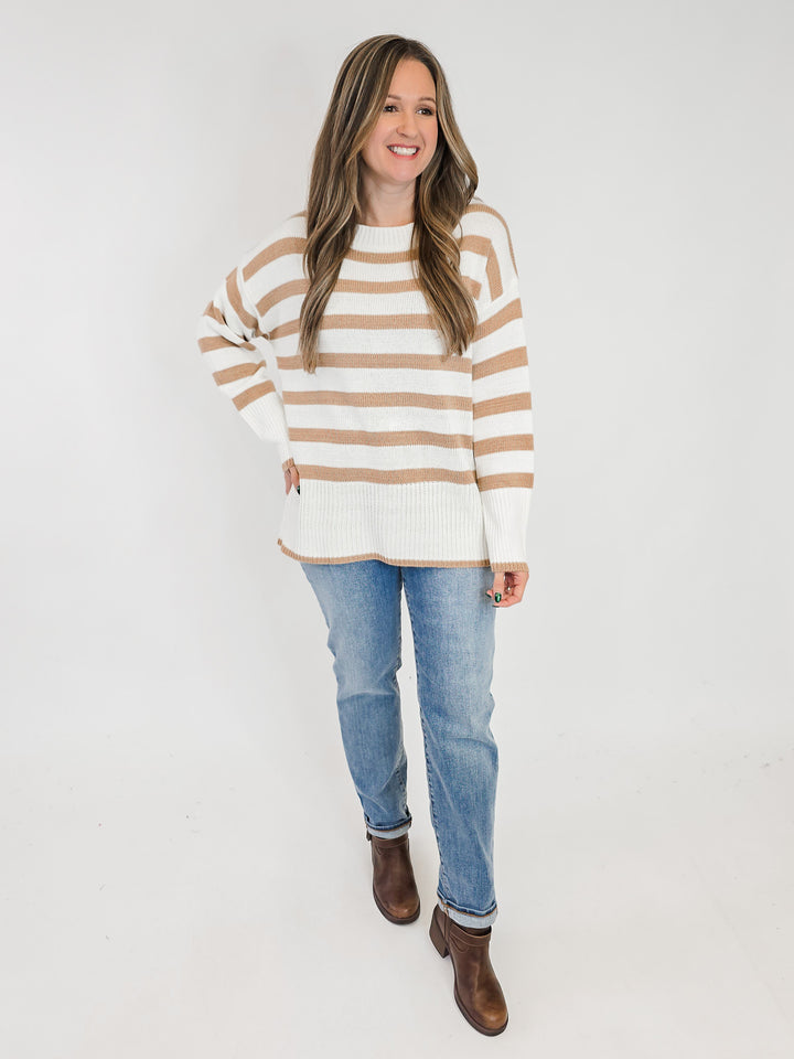 STRIPED TUNIC KNIT SWEATER - TAN/IVORY