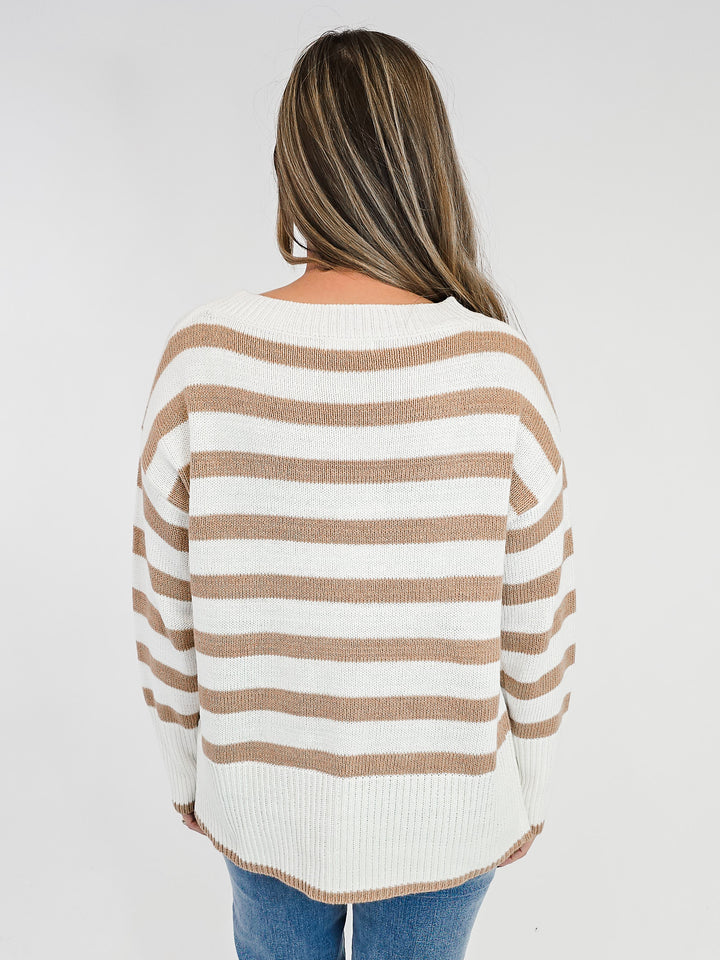 STRIPED TUNIC KNIT SWEATER - TAN/IVORY