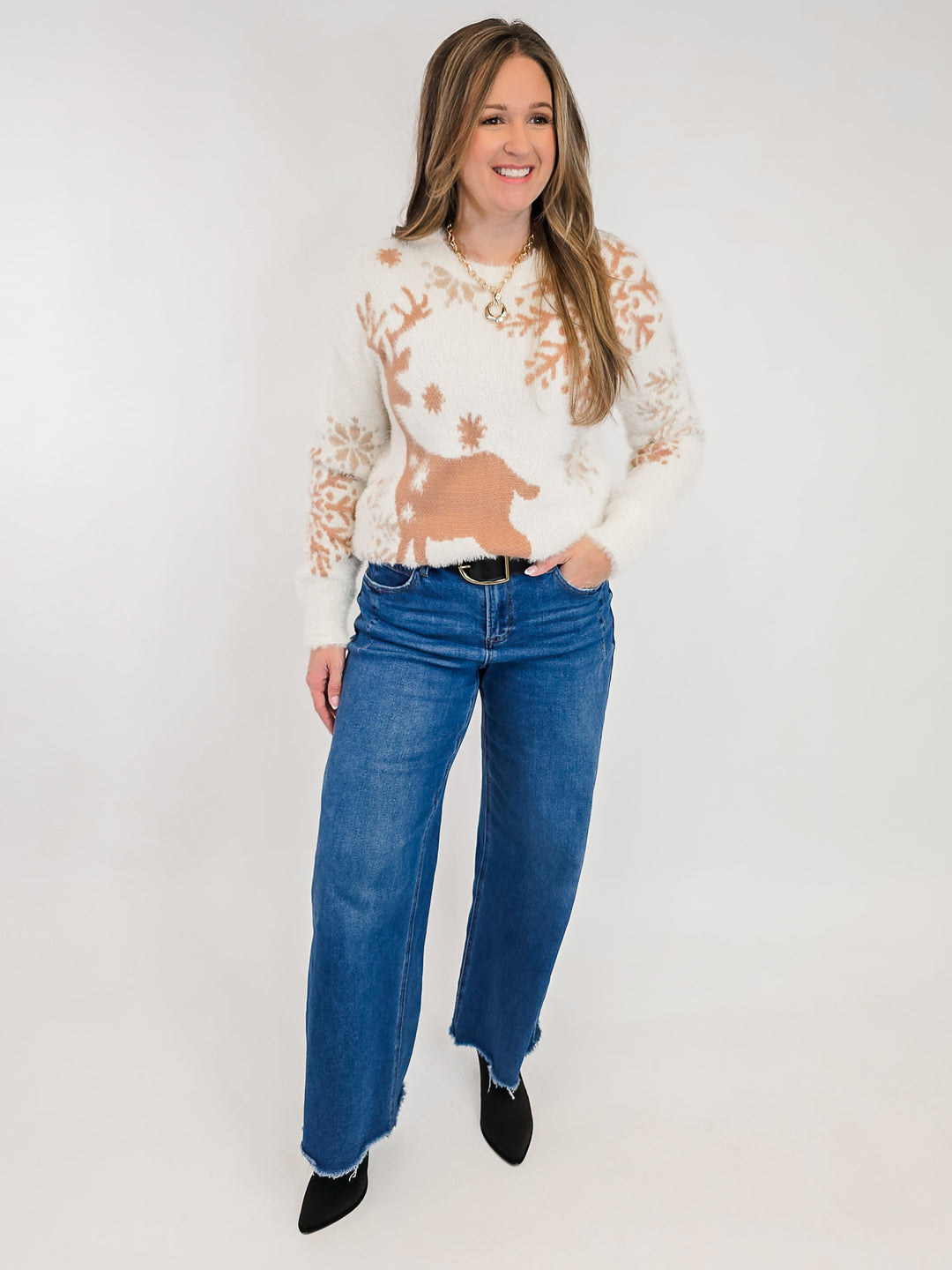 REINDEER FLUFFY YARN SWEATER - OATMEAL