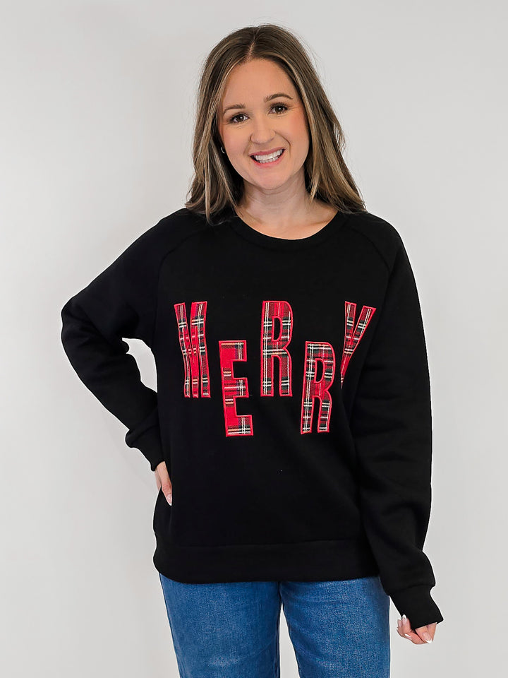 MERRY RED PLAID LETTER SWEATSHIRT - BLACK