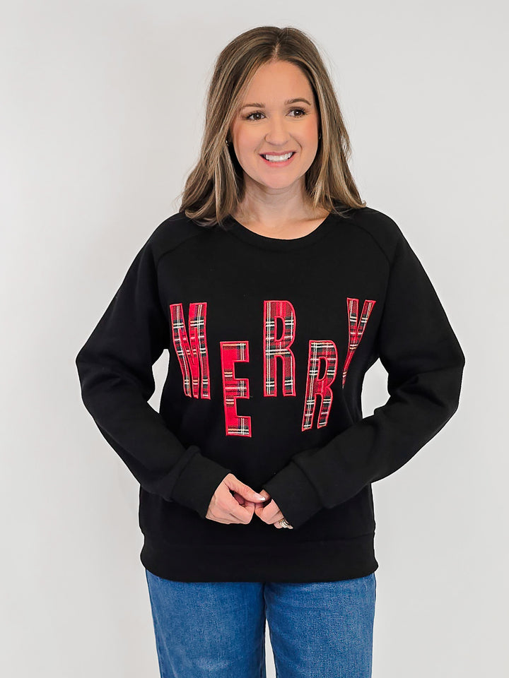 MERRY RED PLAID LETTER SWEATSHIRT - BLACK