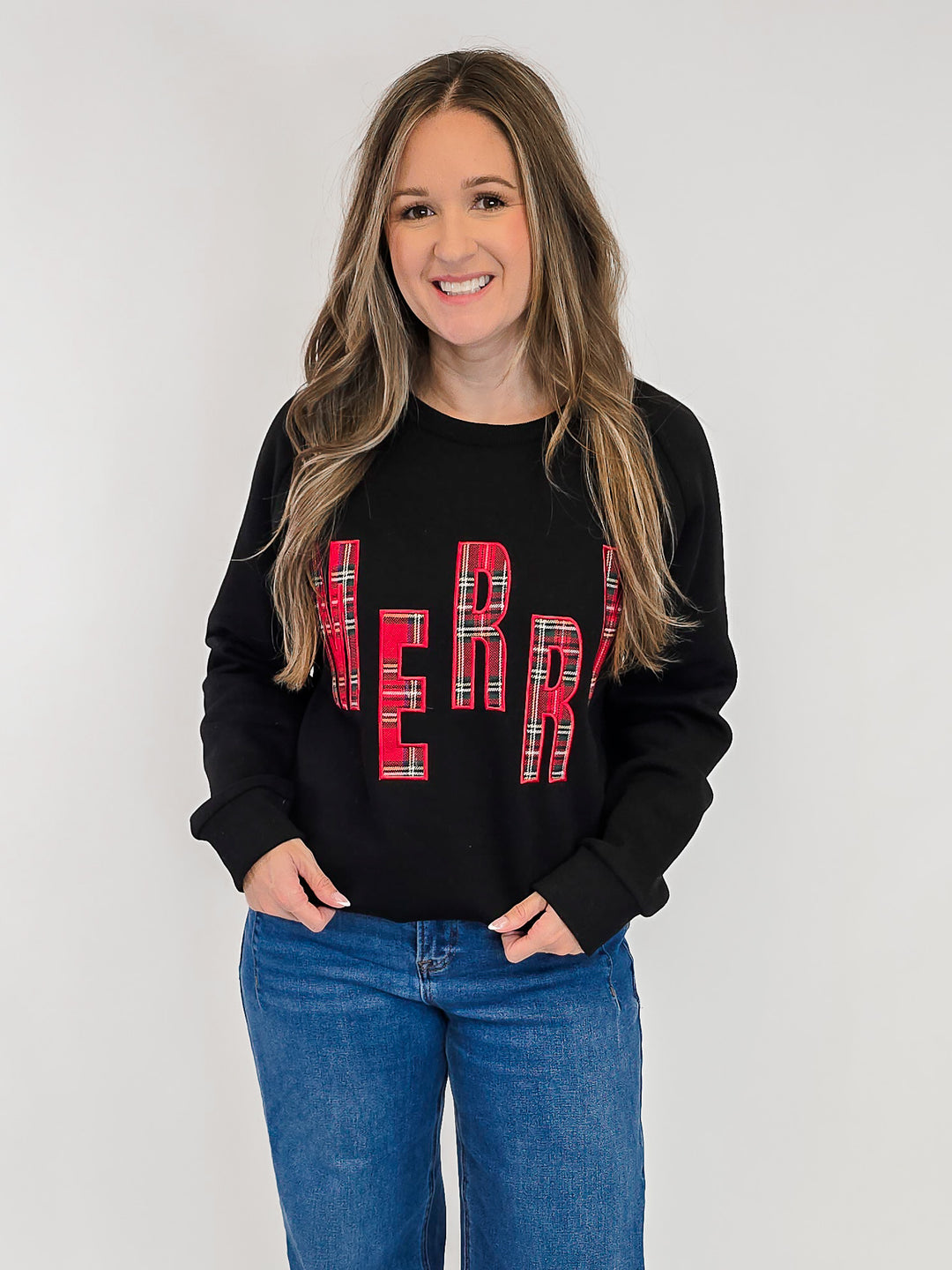 MERRY RED PLAID LETTER SWEATSHIRT - BLACK