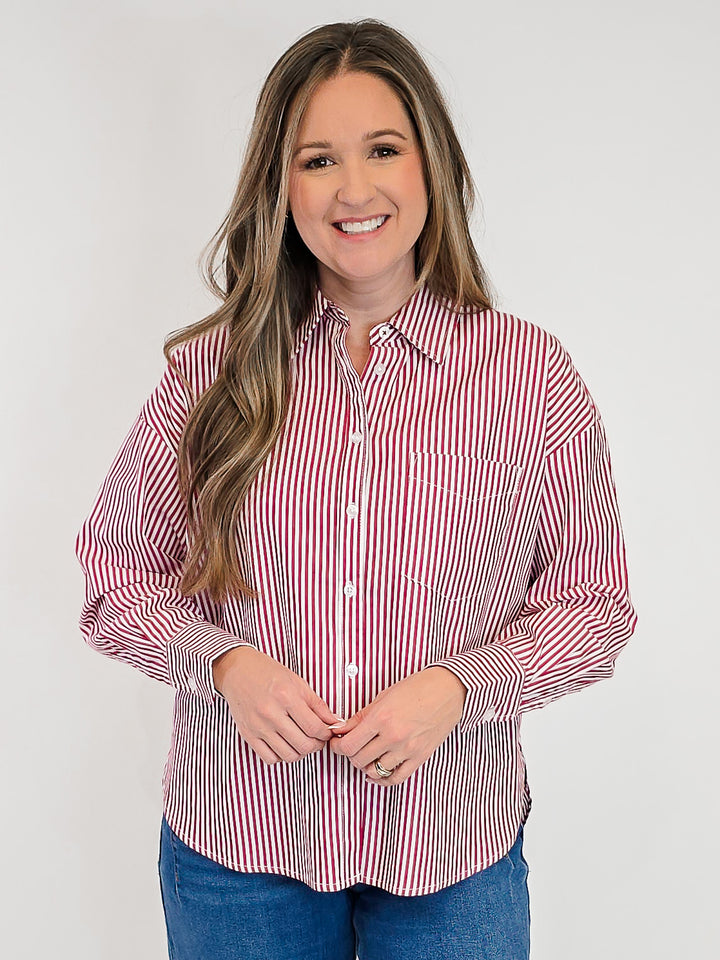 COLLARED STRIPED BUTTON UP SHIRT - RED