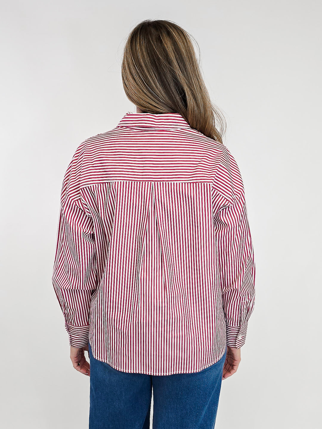 COLLARED STRIPED BUTTON UP SHIRT - RED